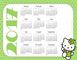 printable calendar with a picture of Hello Kitty and a green border