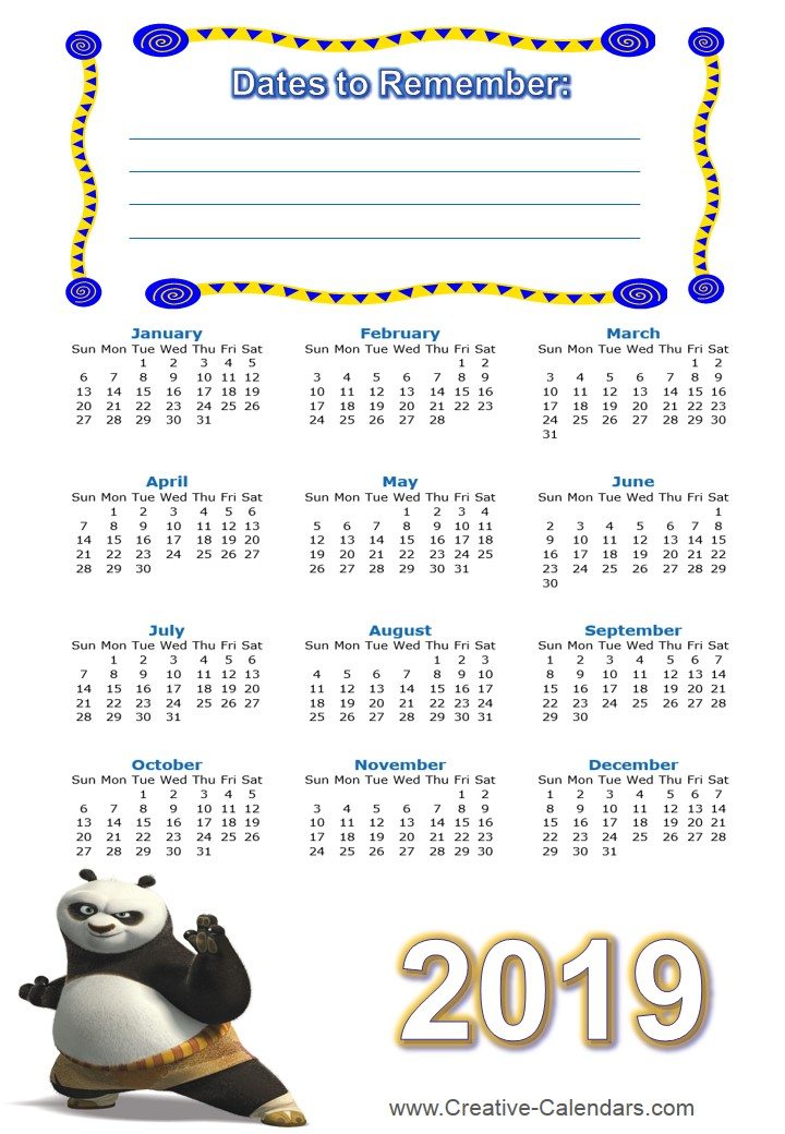 Free printable Kung Fu Calendars